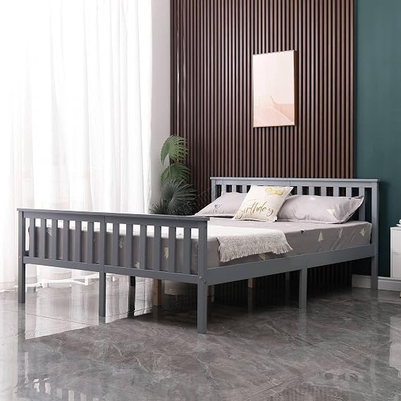 WestWood Double Bed Solid Pine Frame Headboard Durable Shaker Style With Footboard Wooden Platform With Wood Slat Support Bedroom Furniture Strong Support Legs Adults Kids Teenagers Grey