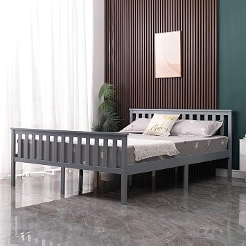 WestWood Double Bed Solid Pine Frame Headboard Durable Shaker Style With Footboard Wooden Platform With Wood Slat Support Bedroom Furniture Strong Support Legs Adults Kids Teenagers Grey