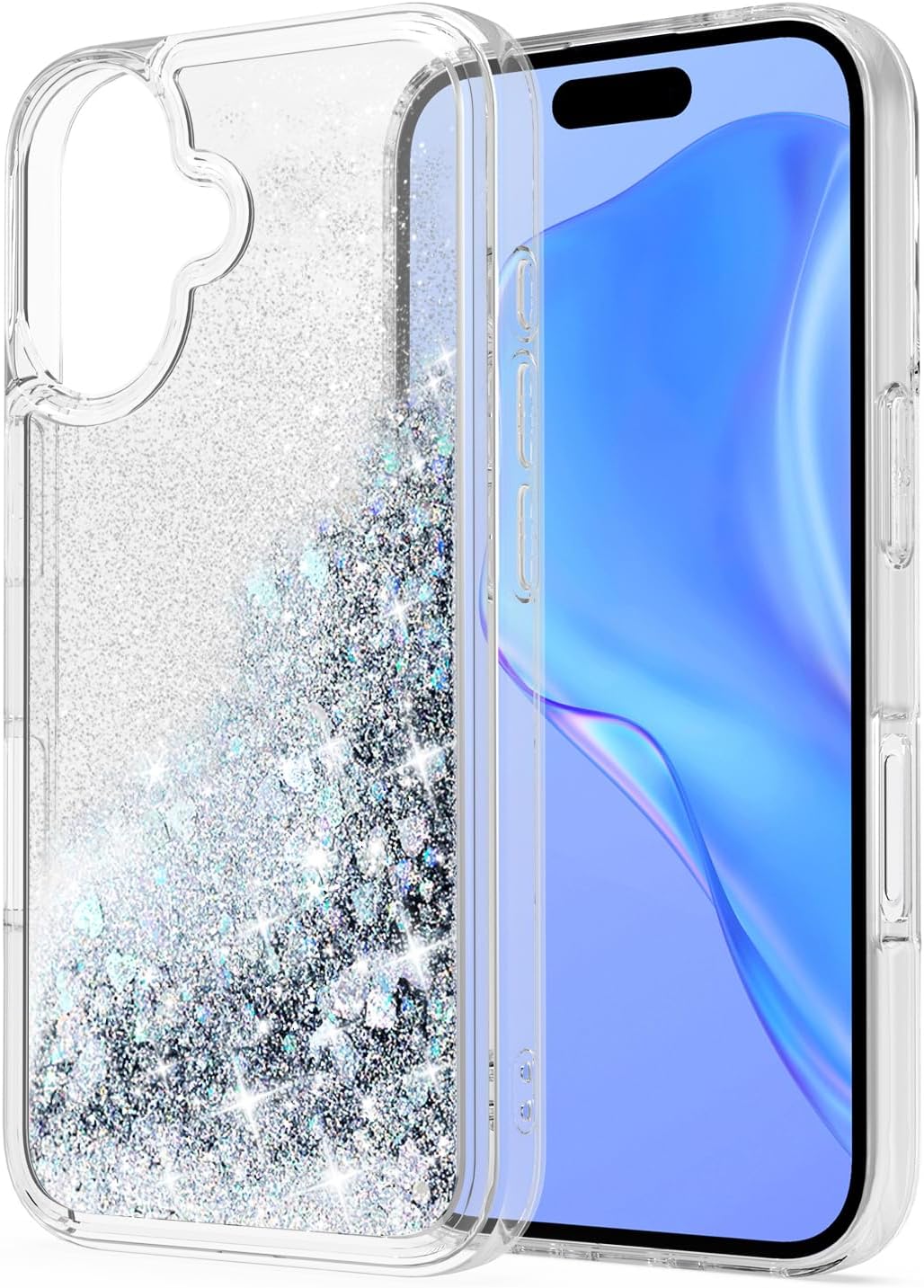 for iPhone 16 Case, Clear Design Bling Flowing Liquid Floating Sparkle Colorful Glitter Waterfall TPU Protective Phone Case, Silver - Image 9