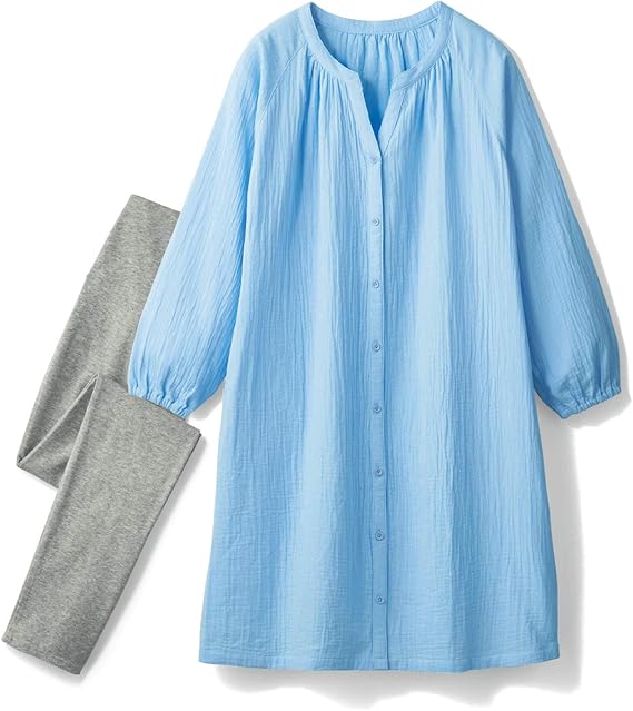 Amazon Co Jp ベルメゾン マタニティパジャマ 前開き 長袖 ダブルガーゼ シャツワンピース レギンス マタニティルームウェア パジャマ ファッション