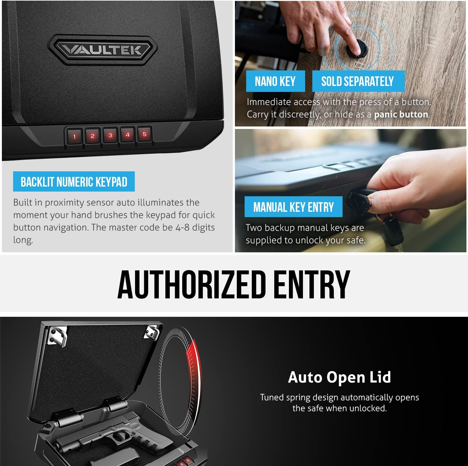 VAULTEK VS20 Handgun Bluetooth 2.0 Smart Safe Pistol Safe with Auto-Open Lid and Rechargeable Battery (Non-Biometric)