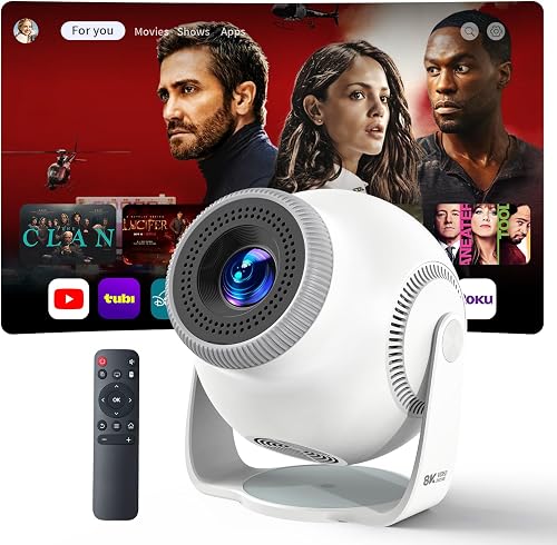 Smart Mini Projector with WiFi 6 and Bluetooth 5.4, White | Android 14 OS, Built-in Apps, 270° Rotation, Support 1080P 4K, Portable Projector for Home Theater, Bedroom, Outdoor Movies