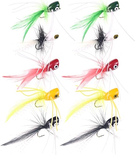 wifreo Señuelos de pesca con mosca para pez luna, Bluegill Crappie Bass Panfish Topwater Popper pesca con mosca, paquete de 10
