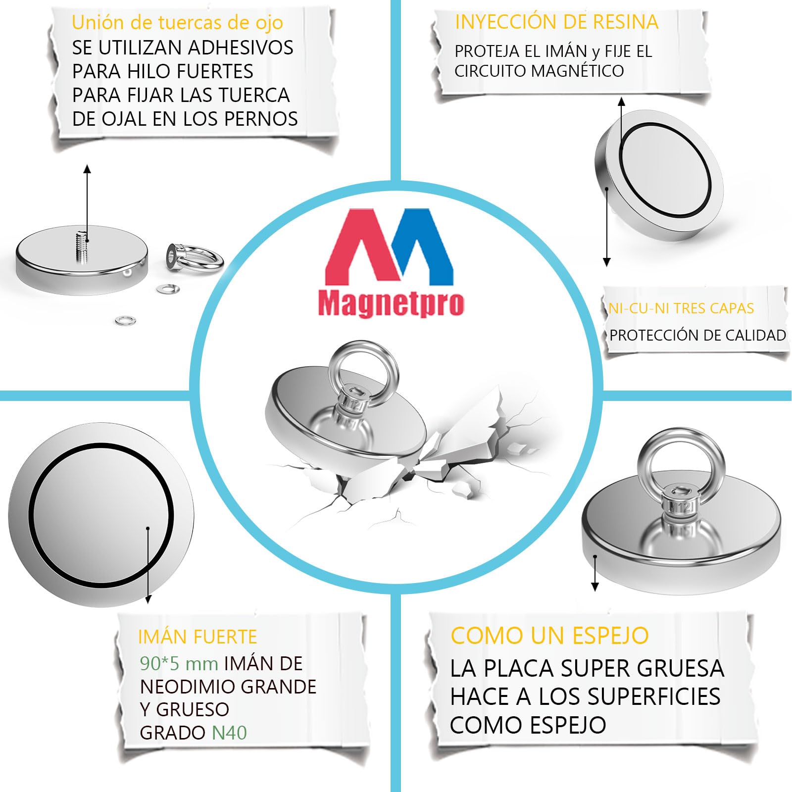 Magnetpro Imán de pesca de más de 770 kg de fuerza de tracción, imanes de alta resistencia con cáncamo diámetro de 120 mm ideal para pesca magnética, caza y recuperación en ríos e industria