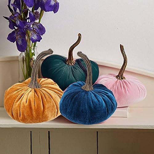 Miniatura 3 de Calabazas de terciopelo para decoración, calabazas rústicas de terciopelo sintético con tallos reales, calabazas de espuma para decoraciones de