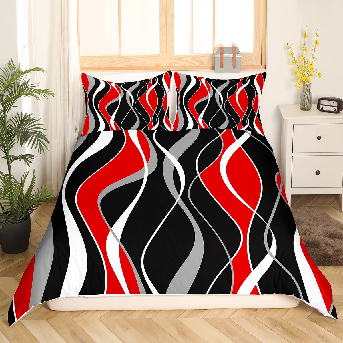 Red Black Stripe Duvet Cover Double Modern Bedding Set, White Gray Comforter Cover Abstract Line Bed Set - Image 3