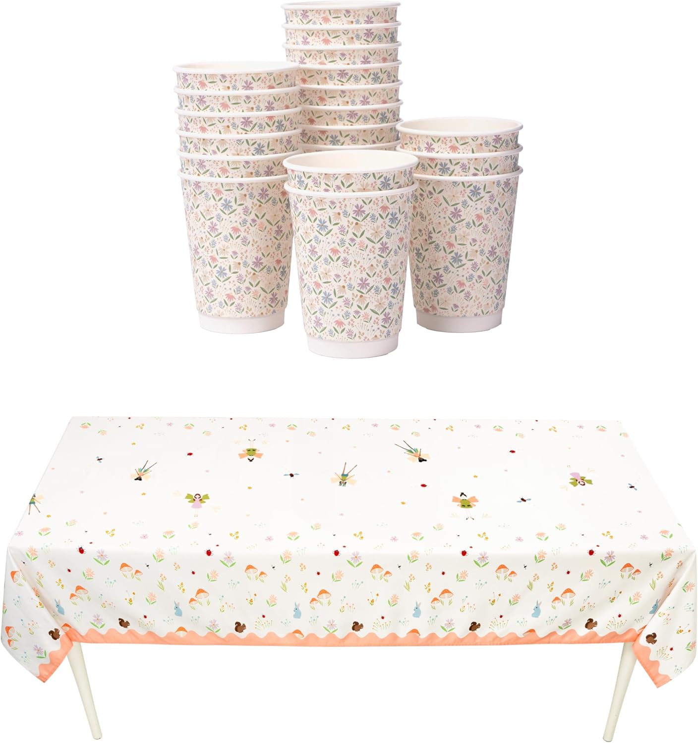 Cheerland Fairy Garden Party Bundle 20 Pastel Flower Paper Cups Woodland Creatures Tablecloth Birthdays Tea Parties Celebrations