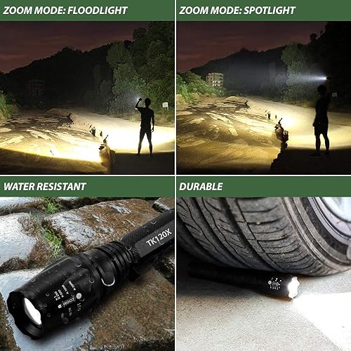 Miniatura 7 de EcoGear FX Kit de linterna táctica LED Zoomable TK120X 5 modos de luz, alta salida de lúmenes, resistente al agua para seguridad y uso doméstico