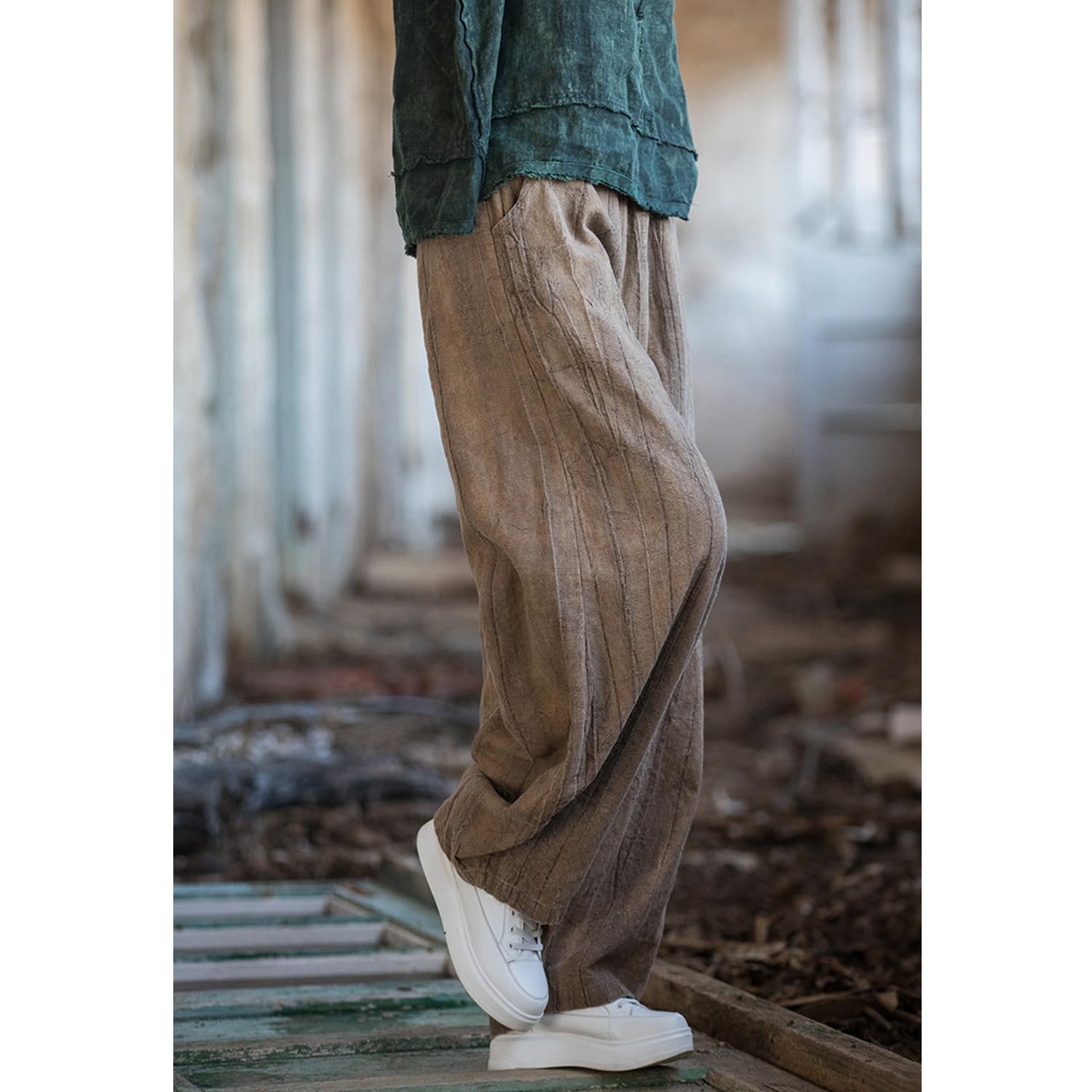 Pantalon Sarouel pour Femme avec Poches – Pantalon Extensible en Mélange Coton et Ramie, Idéal pour Le Sport ou la Détente
