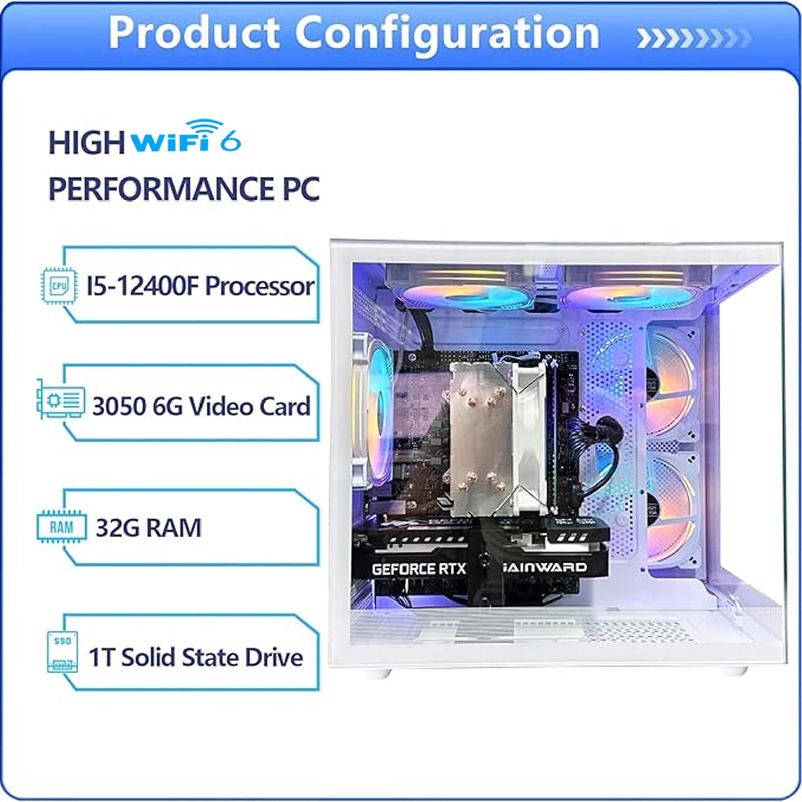 Desktop Computers, Core i5-12400F, Gaming PC, GeForce RTX 3050 6G, 32G RAM, 1TB NVMe SSD, Pre Built Tower Computer Gamer, Work, Home and Business WiFI6 White