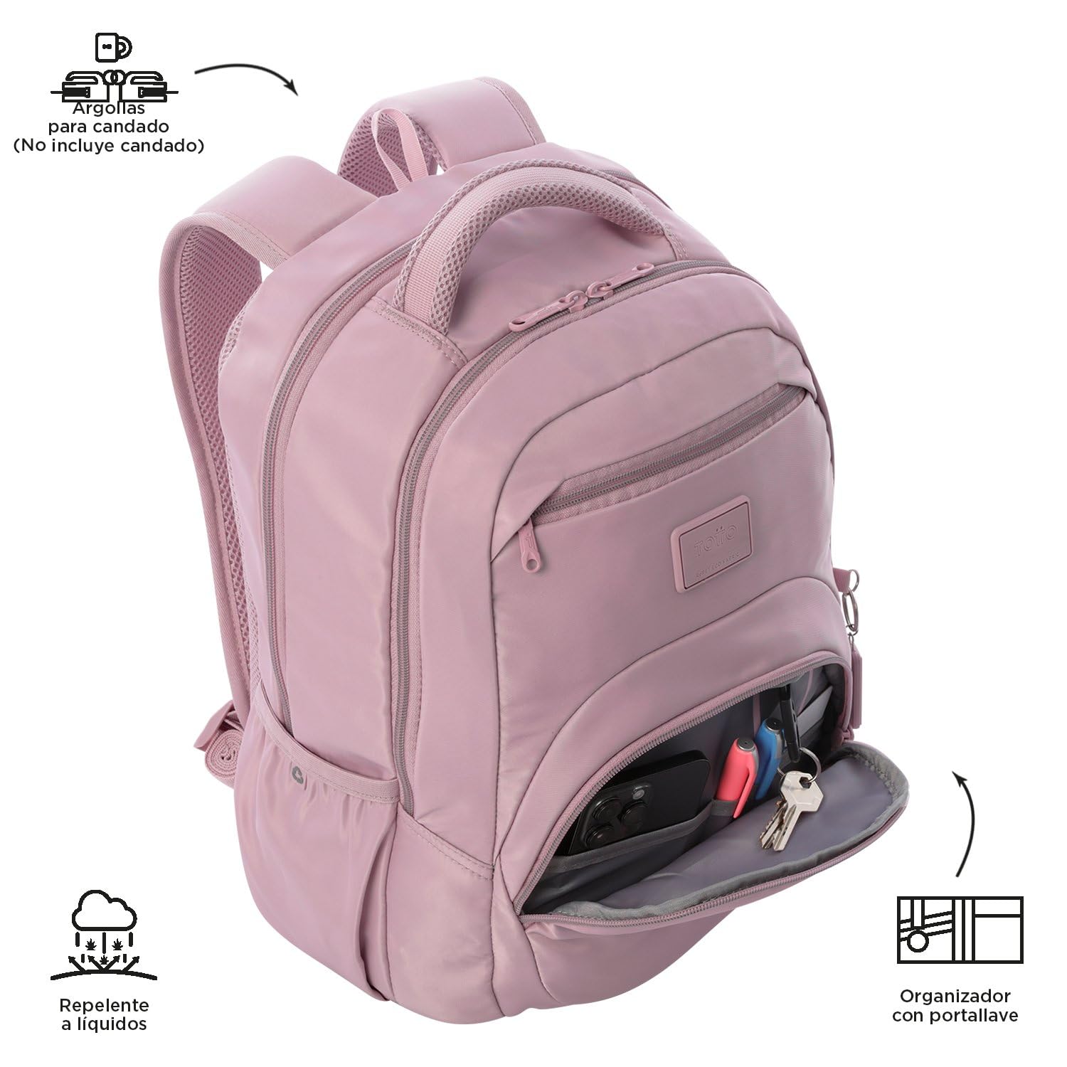 TOTTO - Mochila para Ordenador Portátil 14 Pulgadas, Modelo Tracer 4, Mochila Eco-Friendly, 3 Compartimentos, Cremallera con Argolla para Candado, 2 Bolsillos para Botella, Color Keepsake Lilac