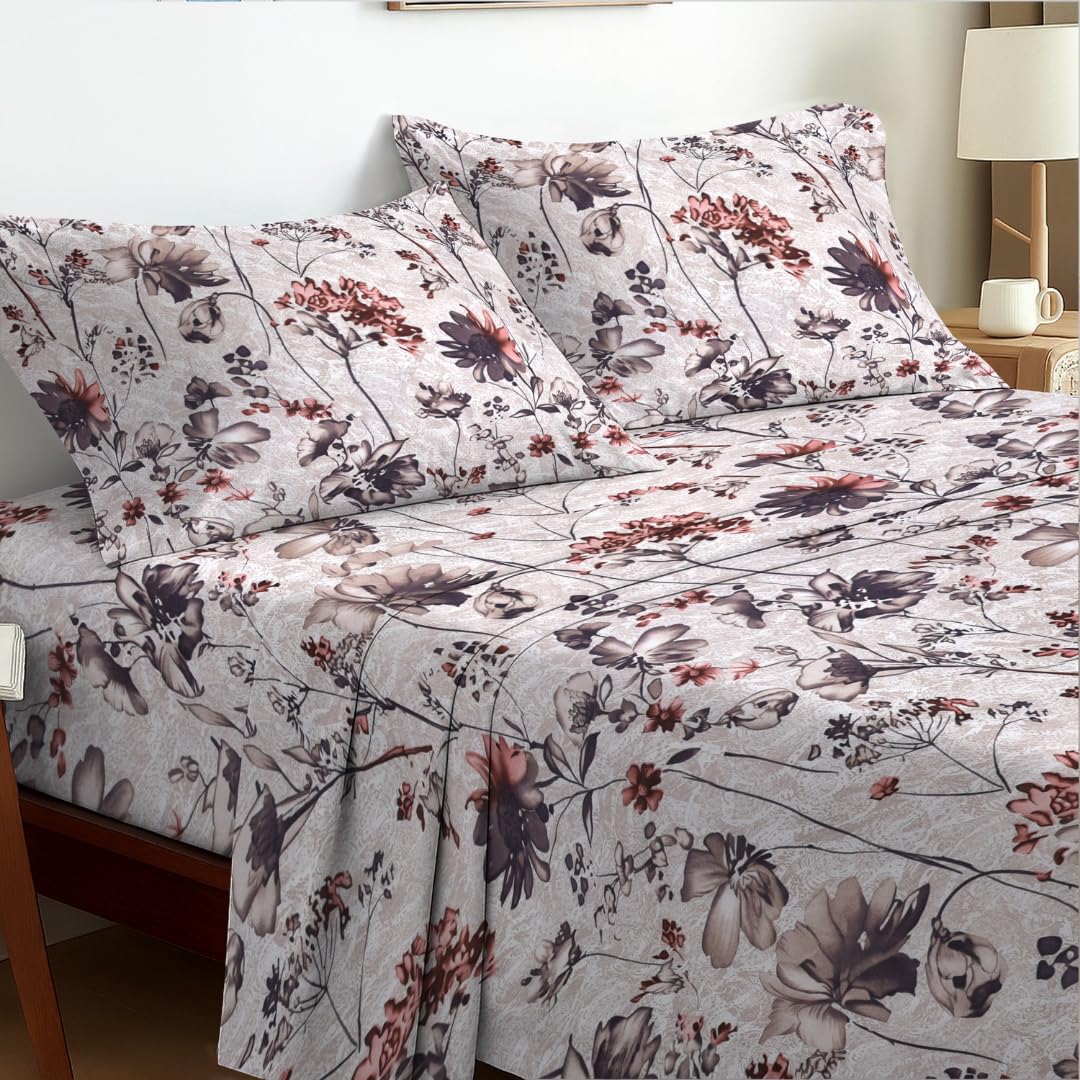 EverSoft Bedding Small Double 3-Piece Bed Sheet Set Elegant Floral Print Flower Design 35cm Extra Deep Pocket Premium Soft Luxury Flat & Fitted Sheet with 1 Pillowcases Soft Botanica