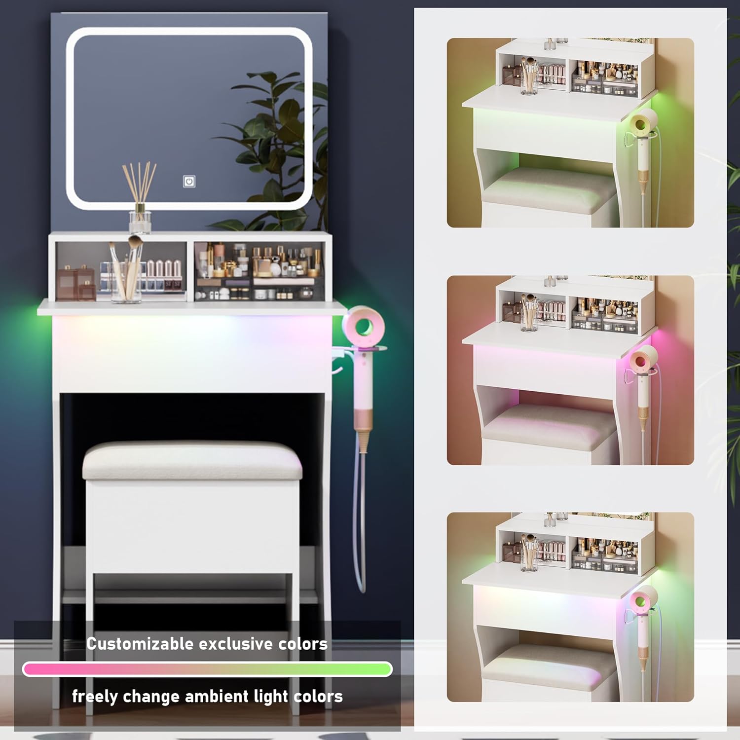 DYHOME Makeup Vanity Desk with RGB Ambient Light, White Small Vanity Set with Power Outlet, Storage Drawer, with 3 Lighting Modes & Adjustable Brightness Vanity Mirror, for Women Girls Bedroom