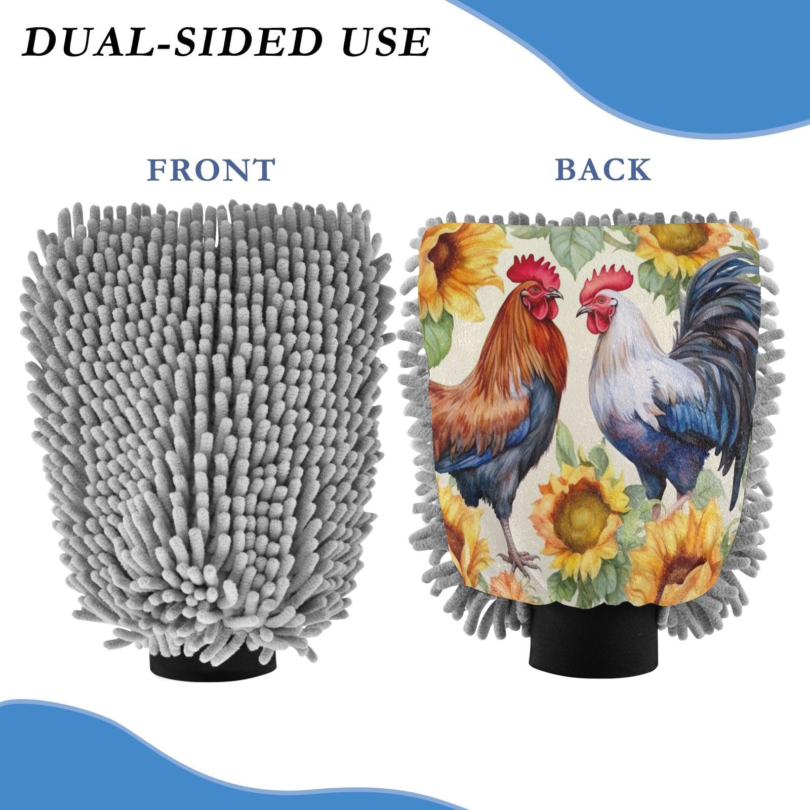 Flradish 2 Pack Farmhouse Rooster Car Wash Mitt Chenille Microfiber Lint-Free Scratch Free Ultra-Soft Absorbent Car Wash Mitt 11.8x8.07 Inch