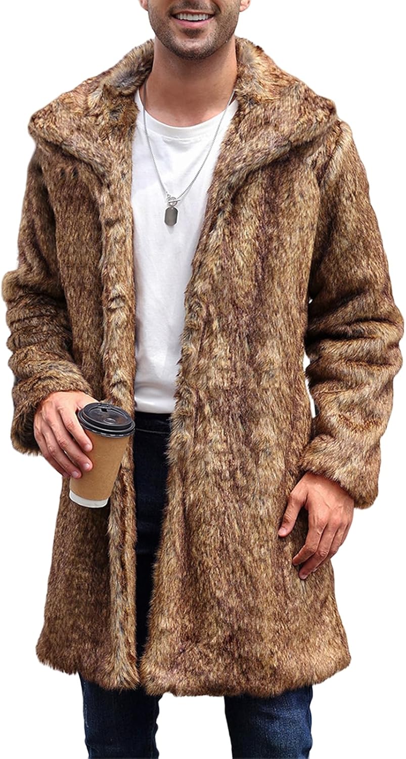 Mens Faux Fur Coat Winter Long Fuzzy Fleece Jacket Warm Thicken Open Front Cardigan Lapel Long Sleeve Parka Overcoats