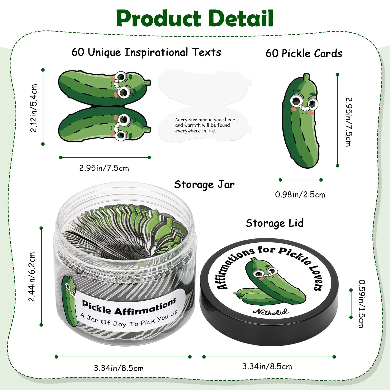 Netholid Pickle Affirmations Cards in A Jar, 60 Positive Daily Affirmations, Inspirational Gifts for Pickle Lover Women Men (Pickle, 60PCS)