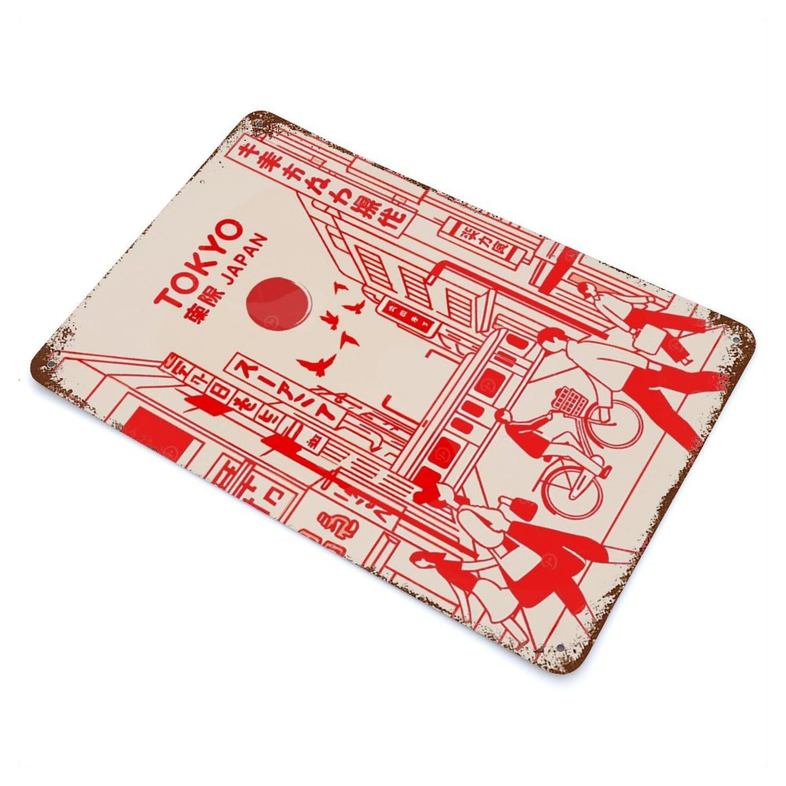 Tokyo Japan Cityscape Red And Beige Rusty Metal Tin Sign 11.8"x7.9", for Shed, Workshop And Garage Wall Decor, Novelty Wall Decor