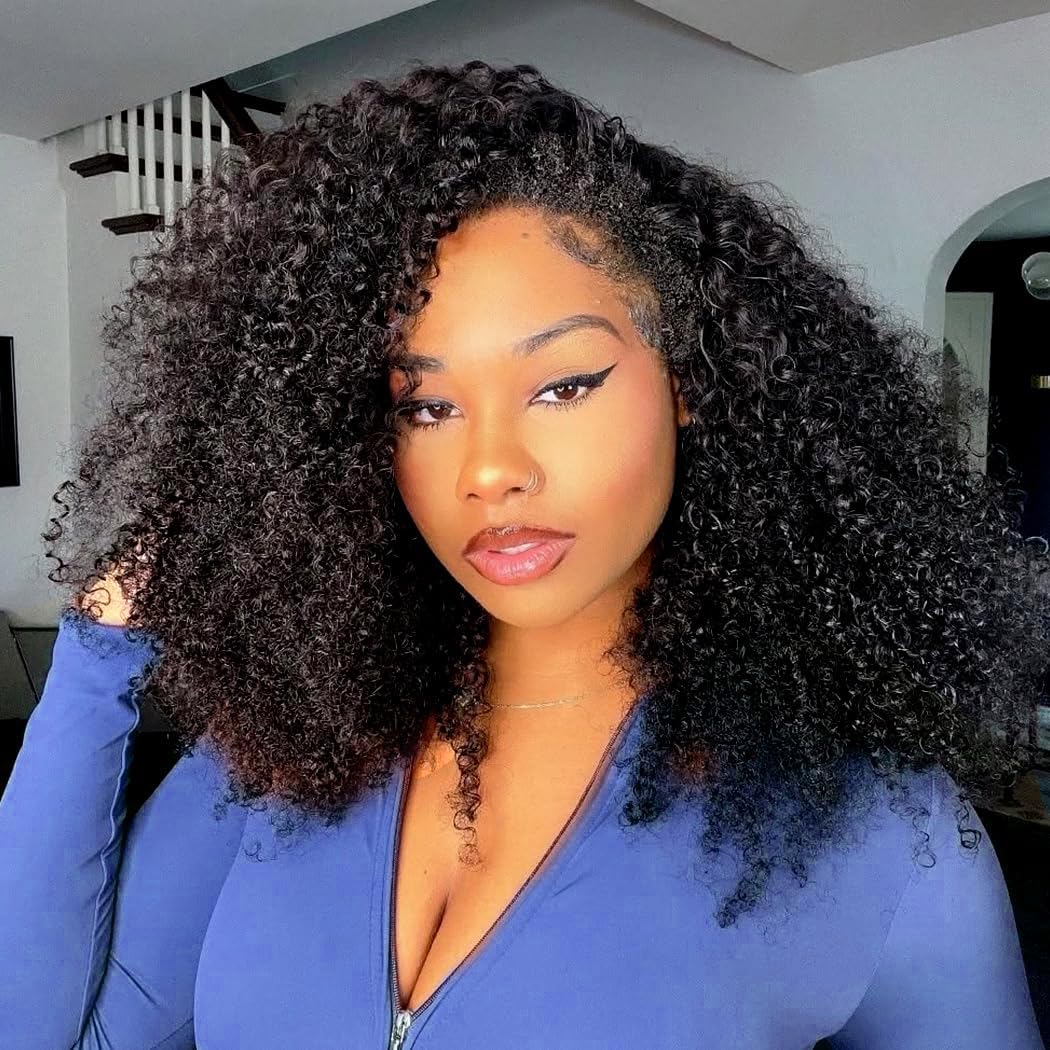 Afro Kinky Curly Human Hair Half Wigs for Black Women Wear & Go Glueless Wigs Human Hair Seamless Kinky Curly Flip Over Drawstring Clip in Half Wig No Sew In 200% Density Natural Color 22 Inch