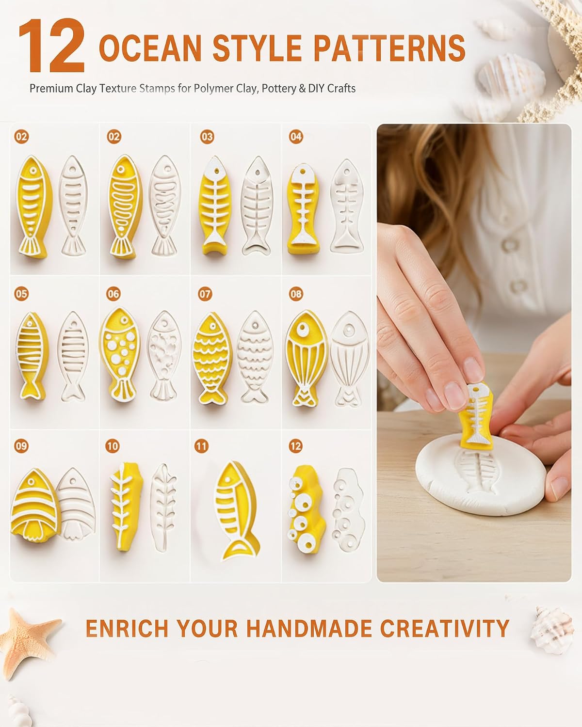 Fish Shaped Polymer Clay Stamp Set, Ocean & Fish Pottery Stamp for Clay (Yellow)