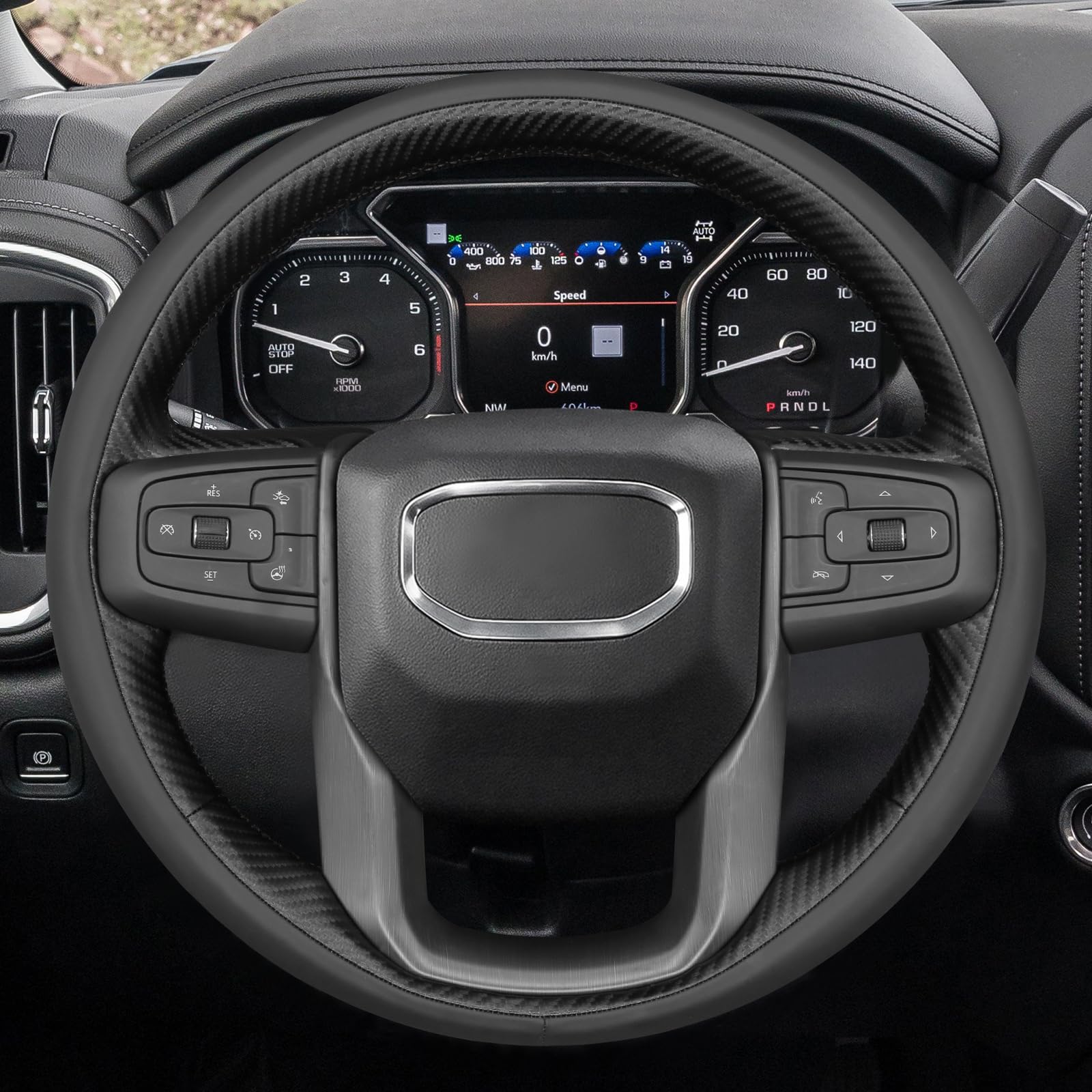 Funda para Volante de Coche para GMC Sierra 1500 / Sierra 1500 Limited/Sierra 2500 3500 / Yukon (XL) Fabricada en Microfibra de Cuero con Acabado Brillante de Fibra de Carbono