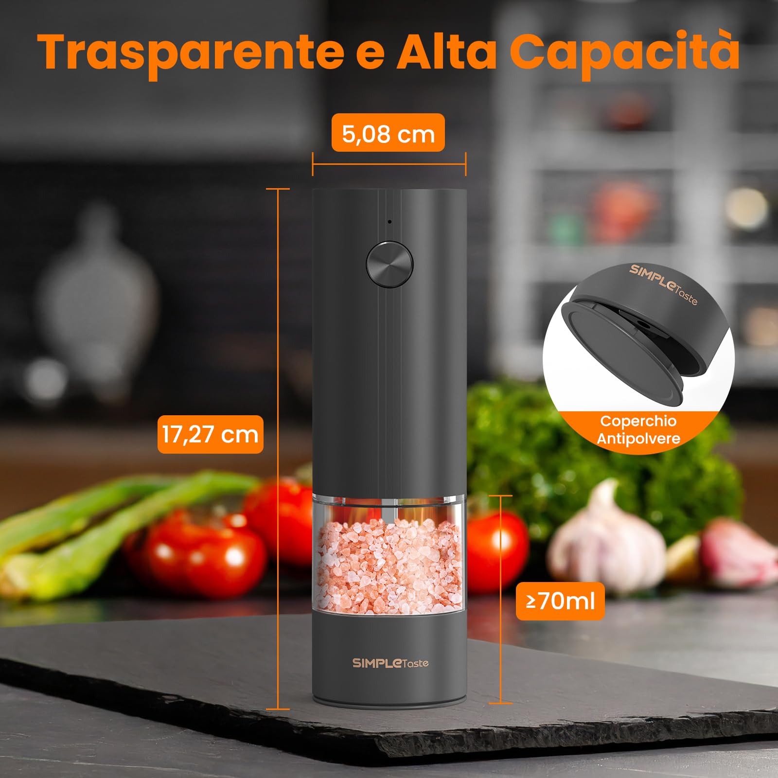 SIMPLETASTE Macina Sale e Pepe Elettrico Ricaricabile con Luce LED e Coperchio Antipolvere, Macinino Automatico con Grana Regolabile, Uso con una Mano, Ideale per Cucina, Tavola e Regalo