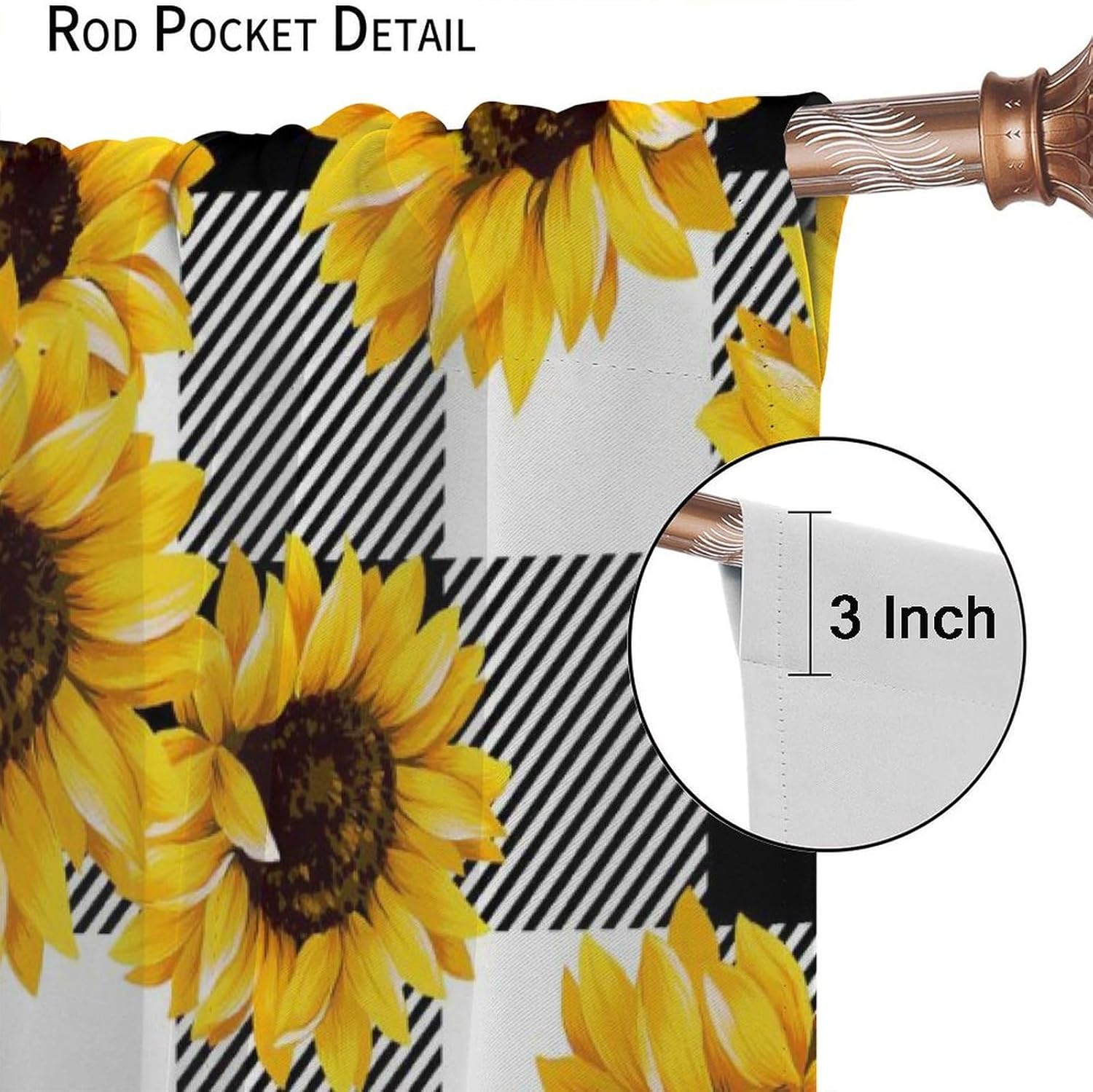 Sunflower Curtains Buffalo Plaid Check Yellow Floral Black White Stripe Curtain with Rod Pocket for Farmhouse Living Room Home Decor Drapes Window Treatments 2 Panels Set 42x54 Inch