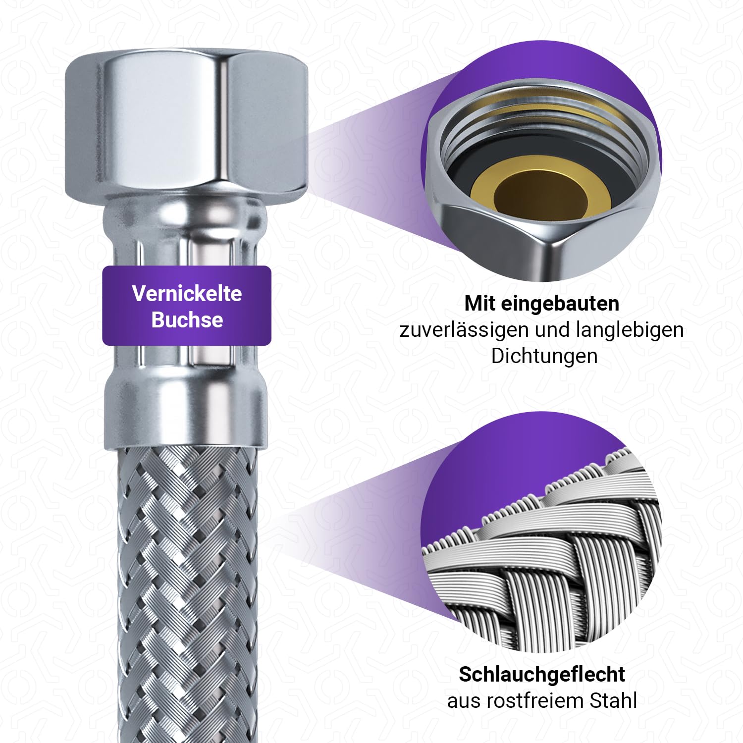 Viоks.pro 100 cm tubo di collegamento 3/8 pollici ÜM x M10 in acciaio inox – Tubo doccia 1 m tubo in gomma intrecciato – Tubo flessibile per rubinetto 3/8 pollici