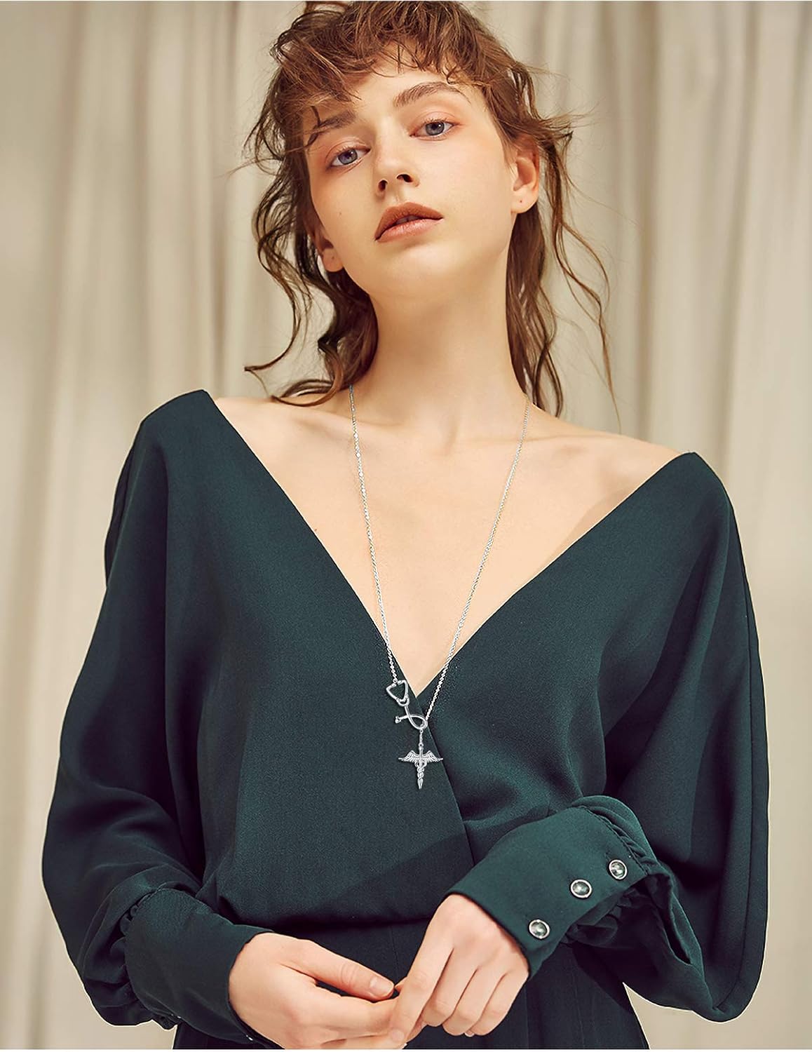 FLYOW 925 Sterling Silver Medicine Themed Stethoscope Pendant Caduceus Lariat Necklace for Women Doctor Nurse Med School Graduation Gift Birthday Gifts