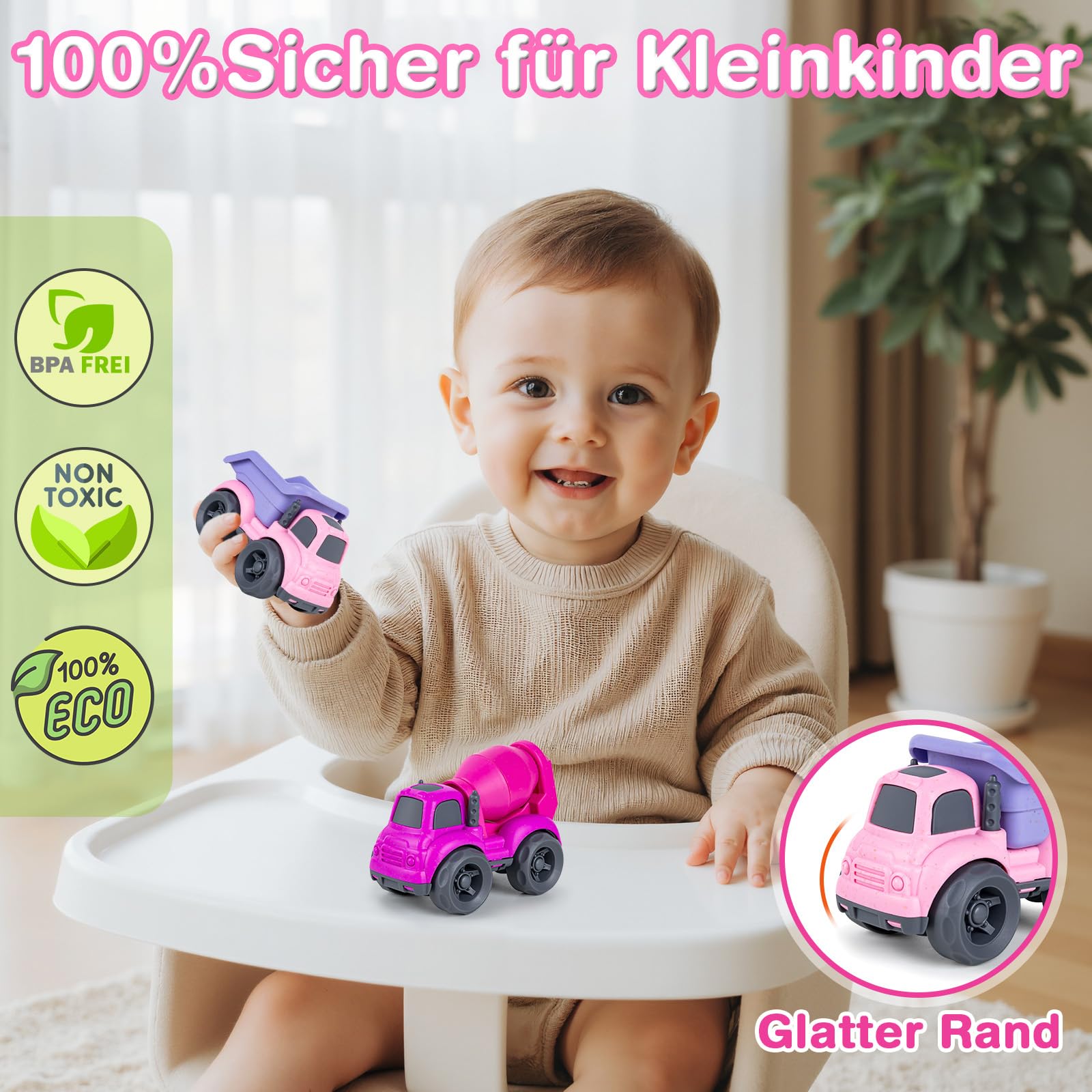 Giochi Bambini 1-3 Anni | Camion Costruzione (Betoniere + Autocarro) – Giocattolo Ecologico in Paglia Naturale e Plastica Riciclata | Ideale per Spiaggia, Giardino e Sabbia | Facile da Lavare （Rosa）
