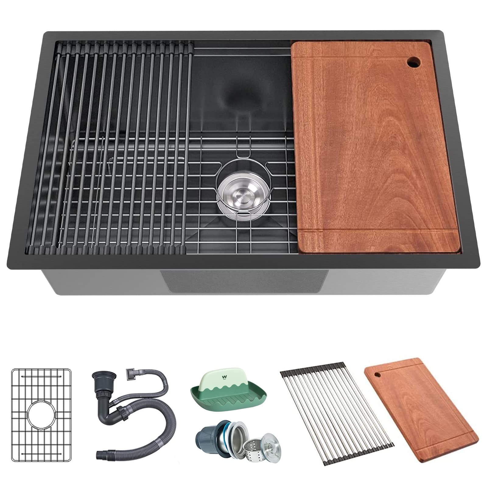 Black Kitchen Sink Workstation, 19x30 Inch Stainless Steel Drop In Single Bowl Bar Sink Nice Modern Kitchen Ledge Sink Gift Combo-SS Grid,Drying Rack,Cutting Board,Utensil Rest And Drain Strainer Set