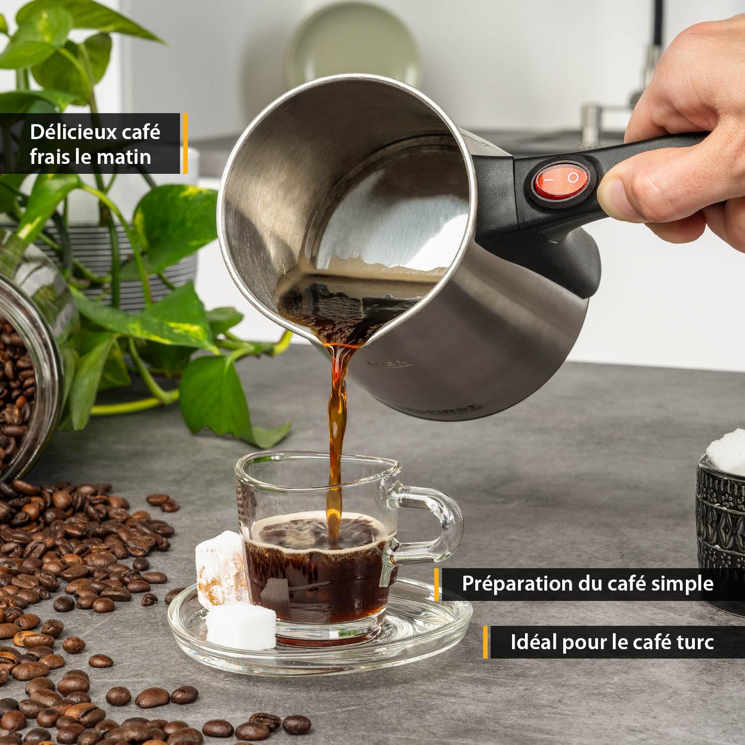 TZS First Austria Cafetière électrique 0,35 litre 800W | Bouilloire à moka, expresso & eau chaude | en acier inoxydable, avec poignée antidérapante | convient pour la maison, le bureau, les voyages