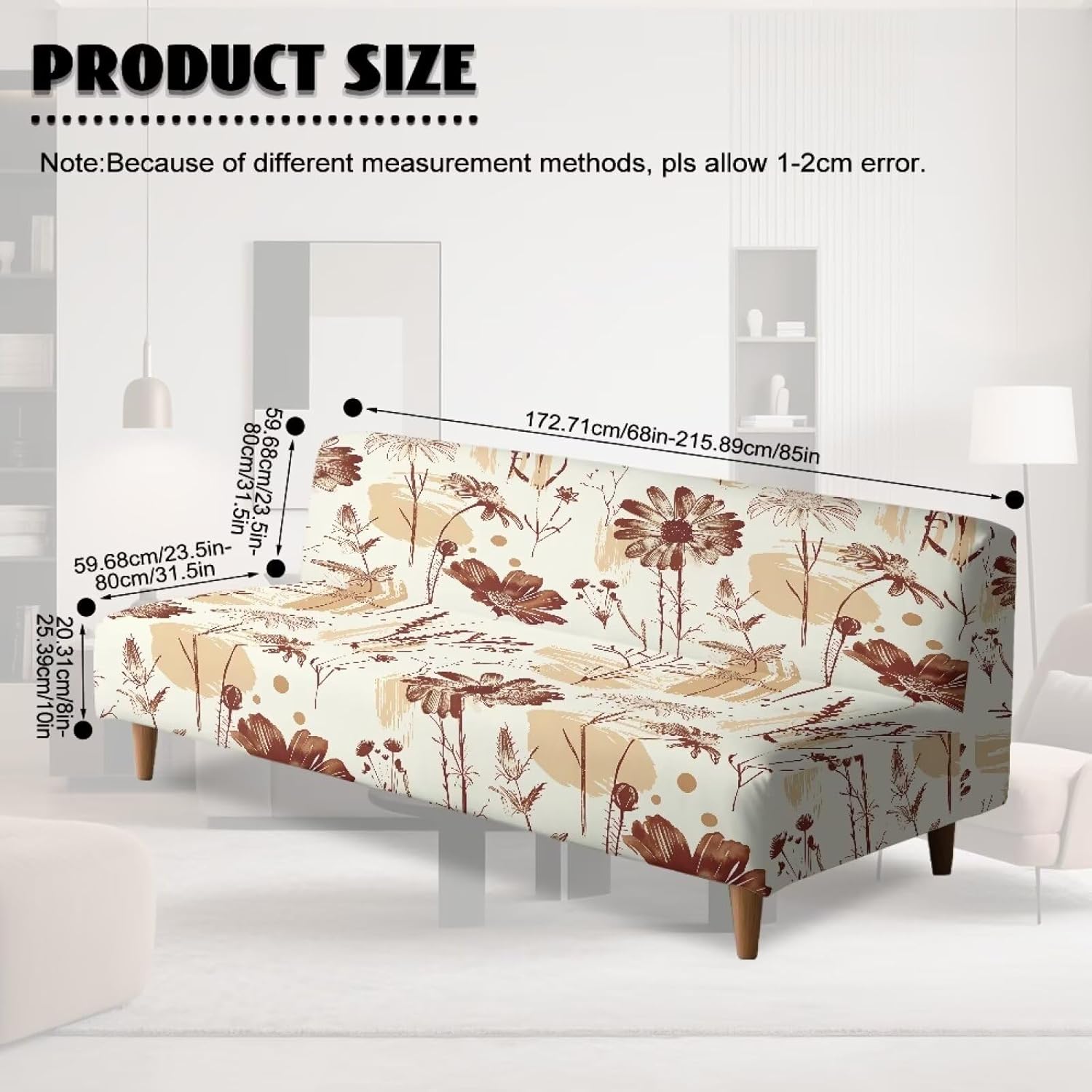 Brown Floral Armless Chair Slipcover Stretchable Slipcover for Futon Couch Washable Home Decor Elastic Furniture Protector