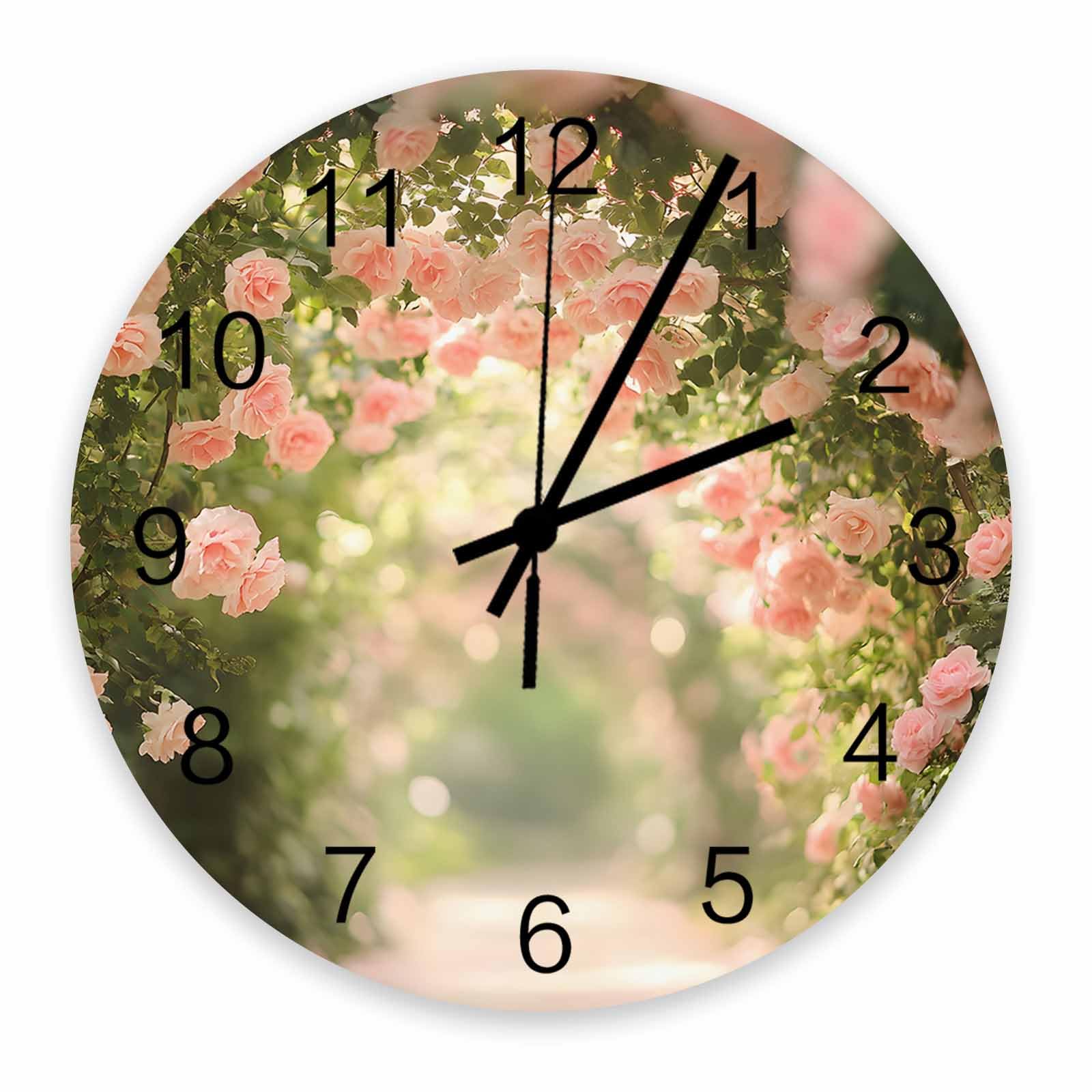 Horloge murale rose aux fleurs d'été - Grande pendule botanique silencieuse pour salon et bureau