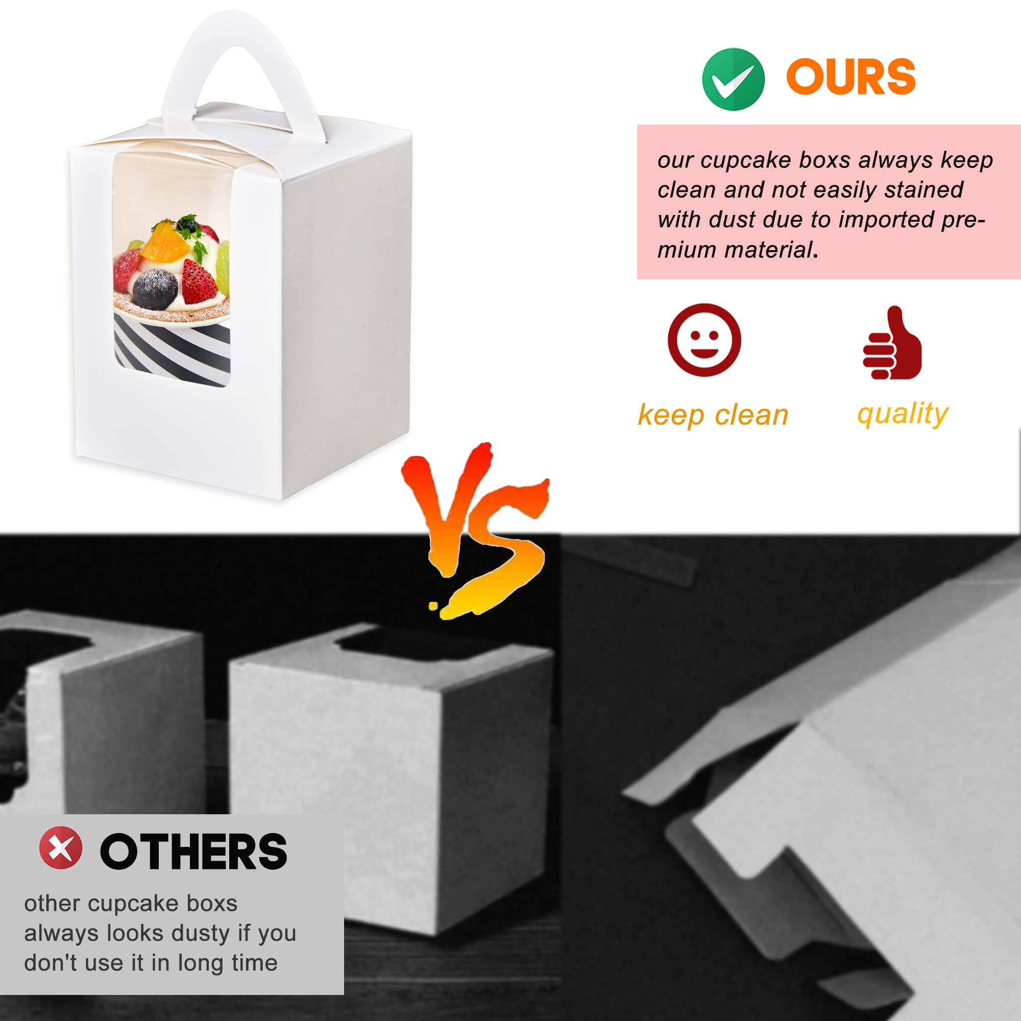 Zzrywuty Paquete de 60 cajas portátiles individuales para cupcakes con asa, 3.5 x 3.5 x 4.5 pulgadas, cajas de repostería con ventana para galletas, fresas de chocolate, postre, donas, cupcakes