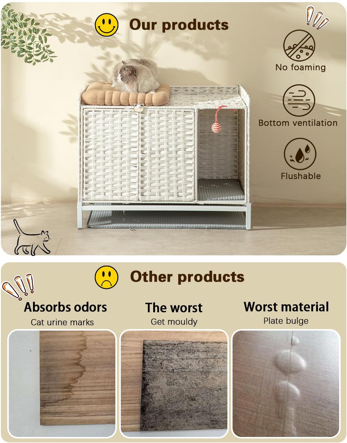 Cat Litter Box Enclosure, Cat Litter Box Enclosure Furniture with Cat Litter Mat, Handwoven Rattan Cat House with Metal Heightened Feet, 31.2×19.6×24.2 Inches Living Room, Bedroom（White）