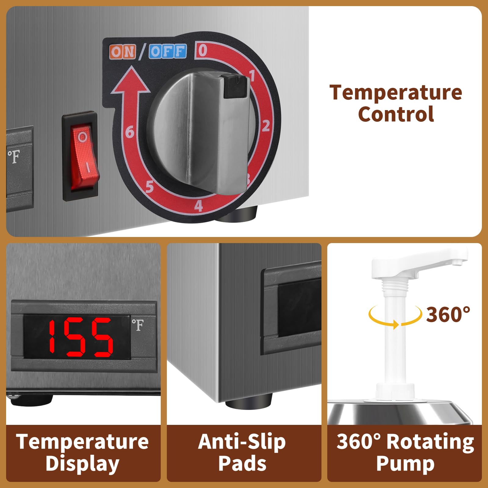 Dispensador calentador de queso con termómetro, calentador de queso Nacho con capacidad de 2.8 cuartos con indicador de temperatura, dispensador eléctrico de dulce caliente, 86-194 F para