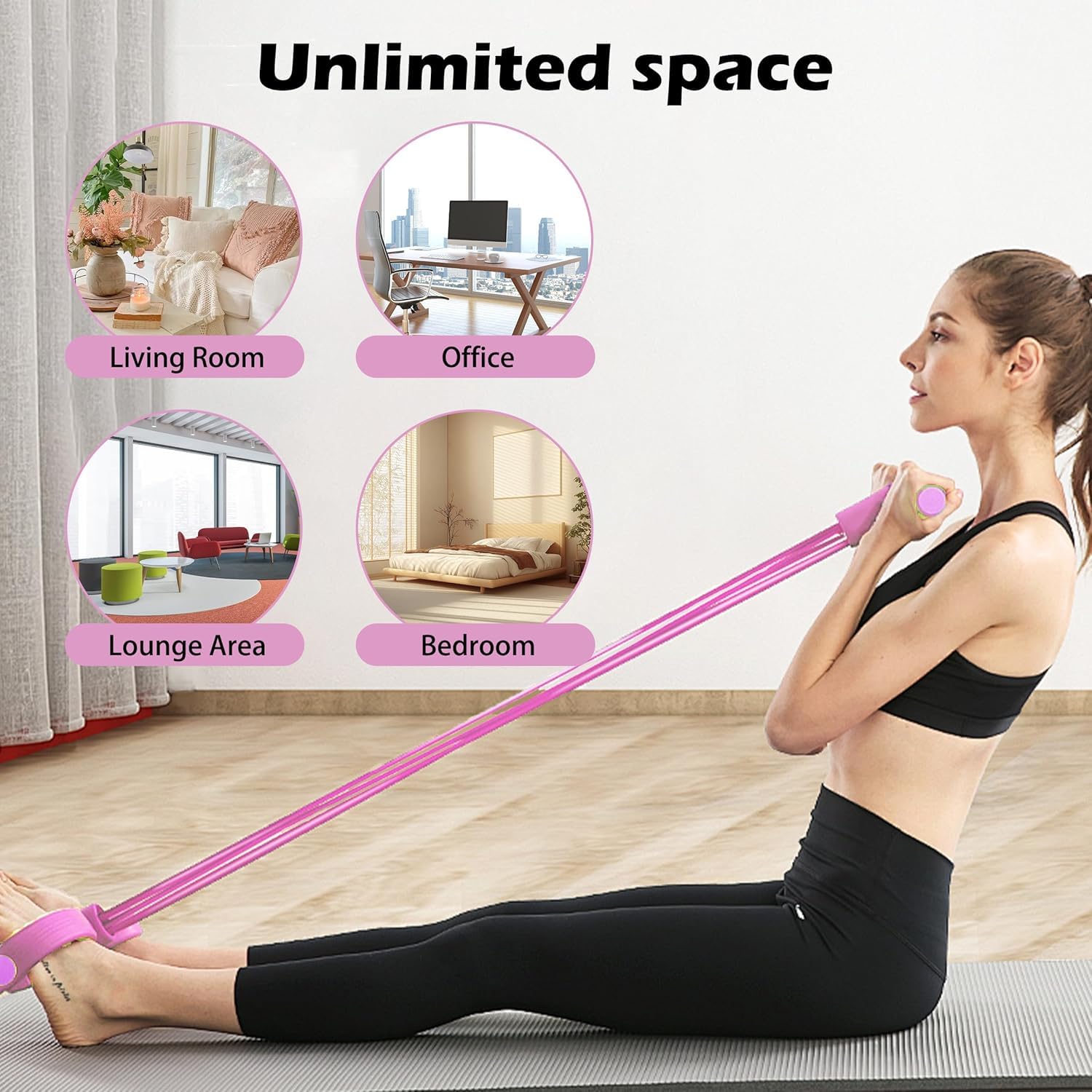 Pedal Resistance Bands with Handles, Upgrade 6-Tubes Multi-Function Tension Training Pedal, Natural Rubber Foot Pedal Resistance Bands, Multifunction Fitness Bands for Abdomen, Waist, Arm, Leg （Pink） — view 6