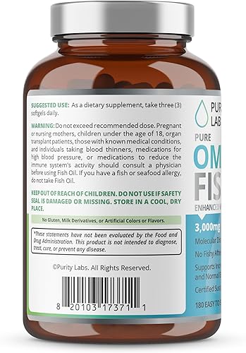 Miniatura 9 de Purity Labs Aceite de pescado Omega 3 3000 mg - Suplementos veganos para la salud del corazón y el cerebro - Suplemento de apoyo inmunológico - 180