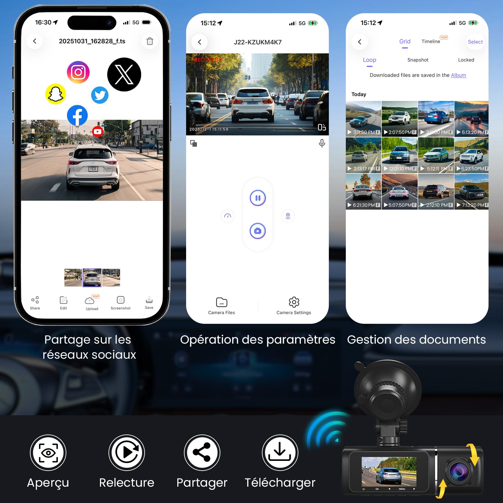 Dashcam Voiture Avant Arrière, 4K+1080P Caméra Embarquée avec Carte SD 64G, 1,97'' Écran, Grand Angle 170°, Vision Nocturne, WDR, G-Capteur, Mode Stationnement 24H, Enregistrement en Boucle