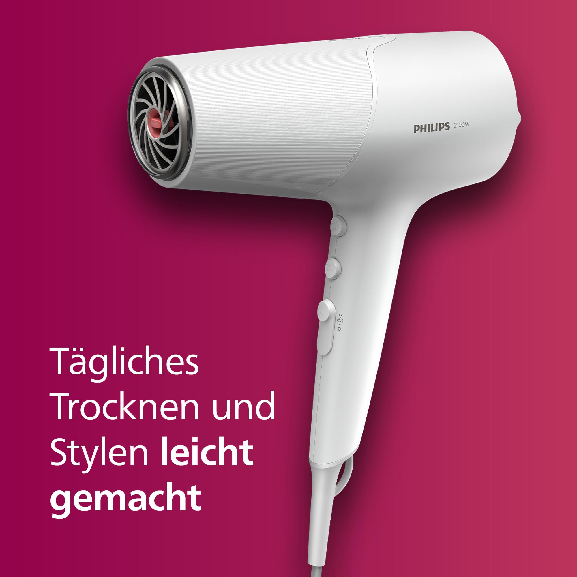 Philips Haartrockner 5000 Series, ThermoShield Technologie, Ionisierungsfunktion, 2.100 W, Weiß, mit Stylingdüse und Volumendiffusor, Modell BHD500/20