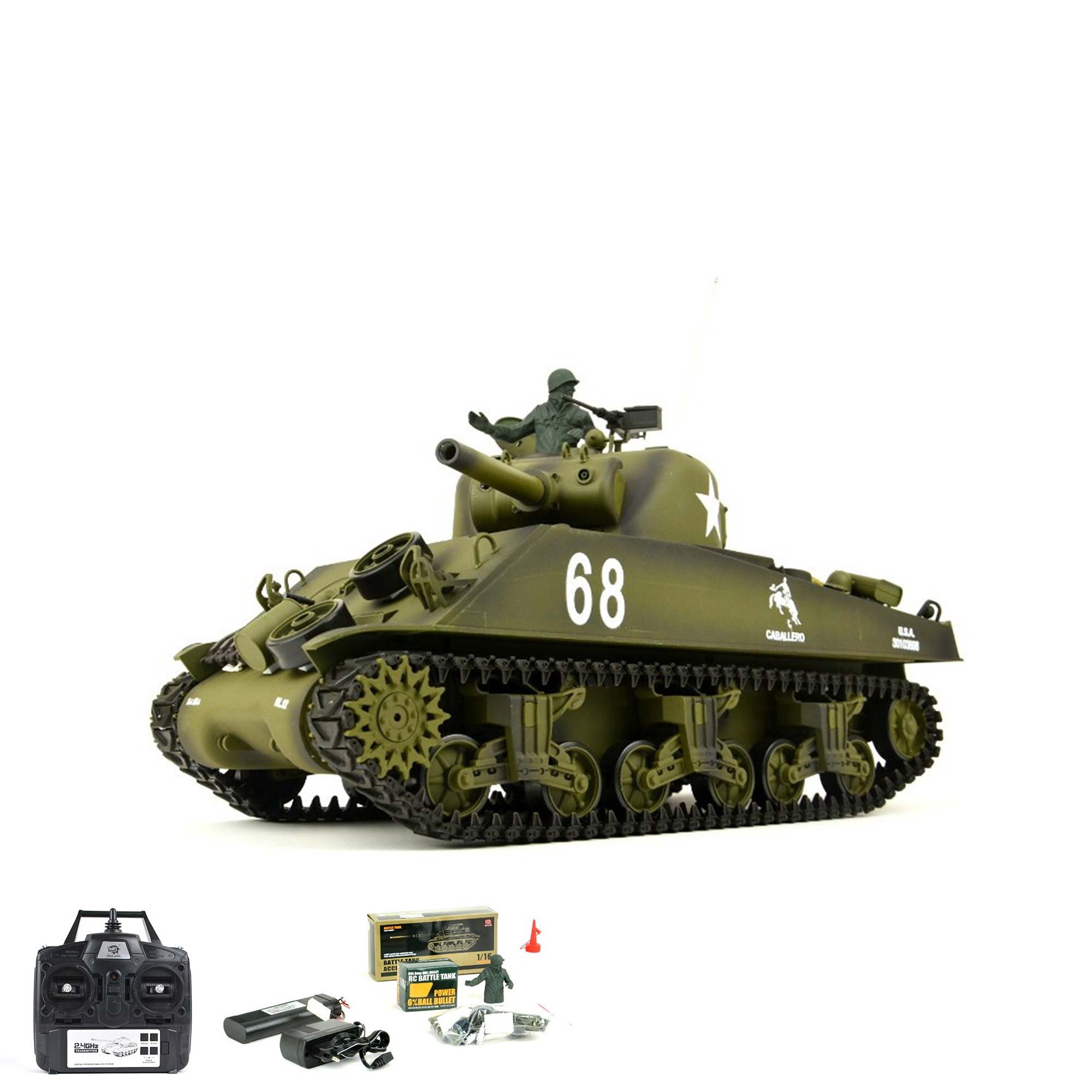 US M4A3 Sherman RC zdalnie sterowany czołg 1/16, wersja ulepszona z technologią 2,4 GHz, metalowa skrzynia biegów, funkcja strzału, dźwięku i dymu, skala modelu pojazdu łańcuchowego, kompletny zestaw