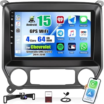 Android 15 4-Core 64G Car Stereo for Chevrolet Silverado GMC Sierra 2014-2018,Wireless CarPlay & Android Auto, 10.1 Touchscreen GPS Bluetooth Mirror Link FM Radio WiFi Backup Cam Mic SWC+Canbus