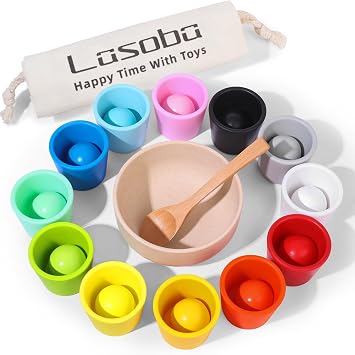 Rainbow Balls in Cups Toddler Montessori Toys 12 Balls, 1.4 in