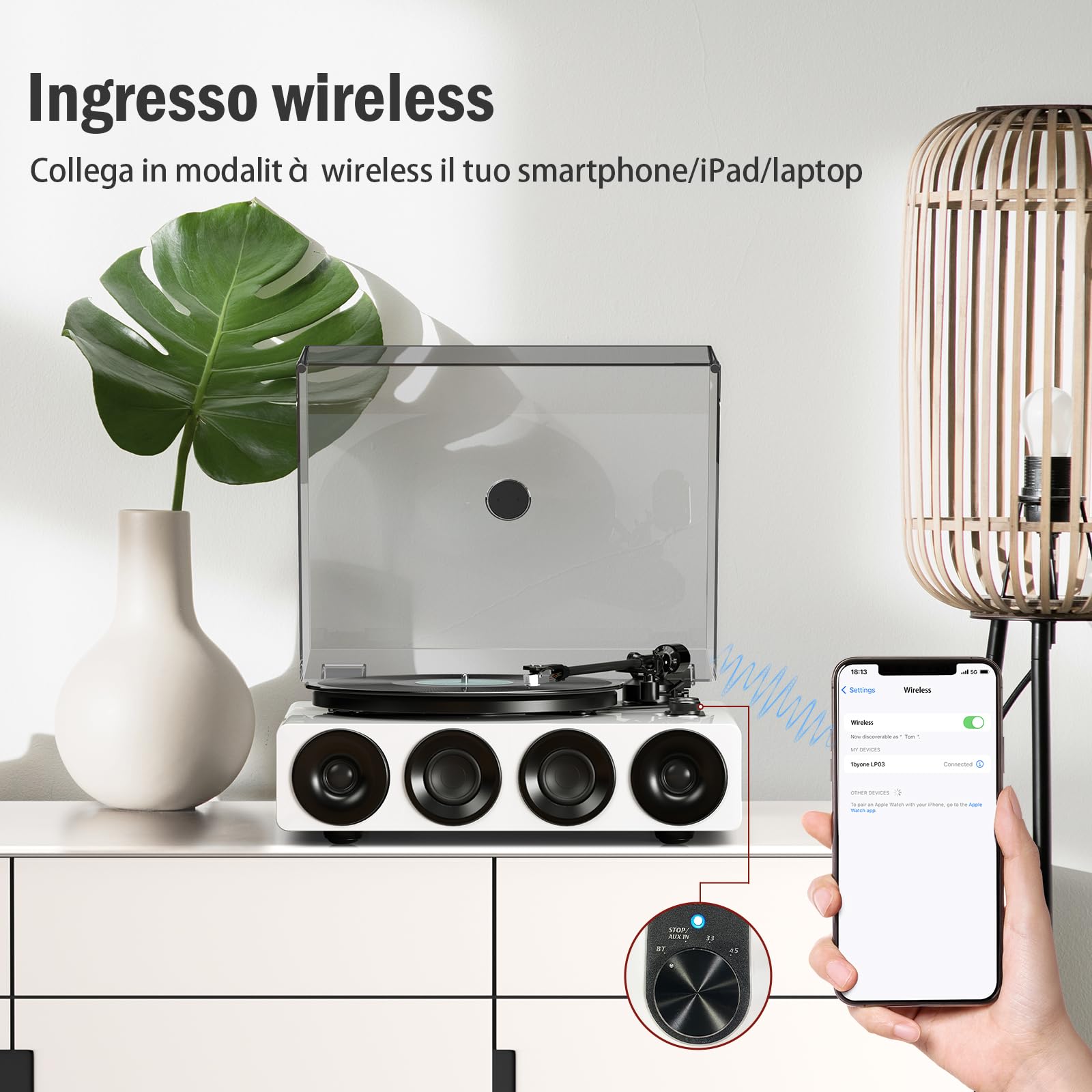 1 BY ONE Giradischi Tutto in Uno con Ingresso Wireless, Trasmissione a Cinghia Hi-Fi, Altoparlanti Integrati, Testina Magnetica AT-3600L, Preamplificatore Integrato, Finitura Bianca Laccata Tipo Piano