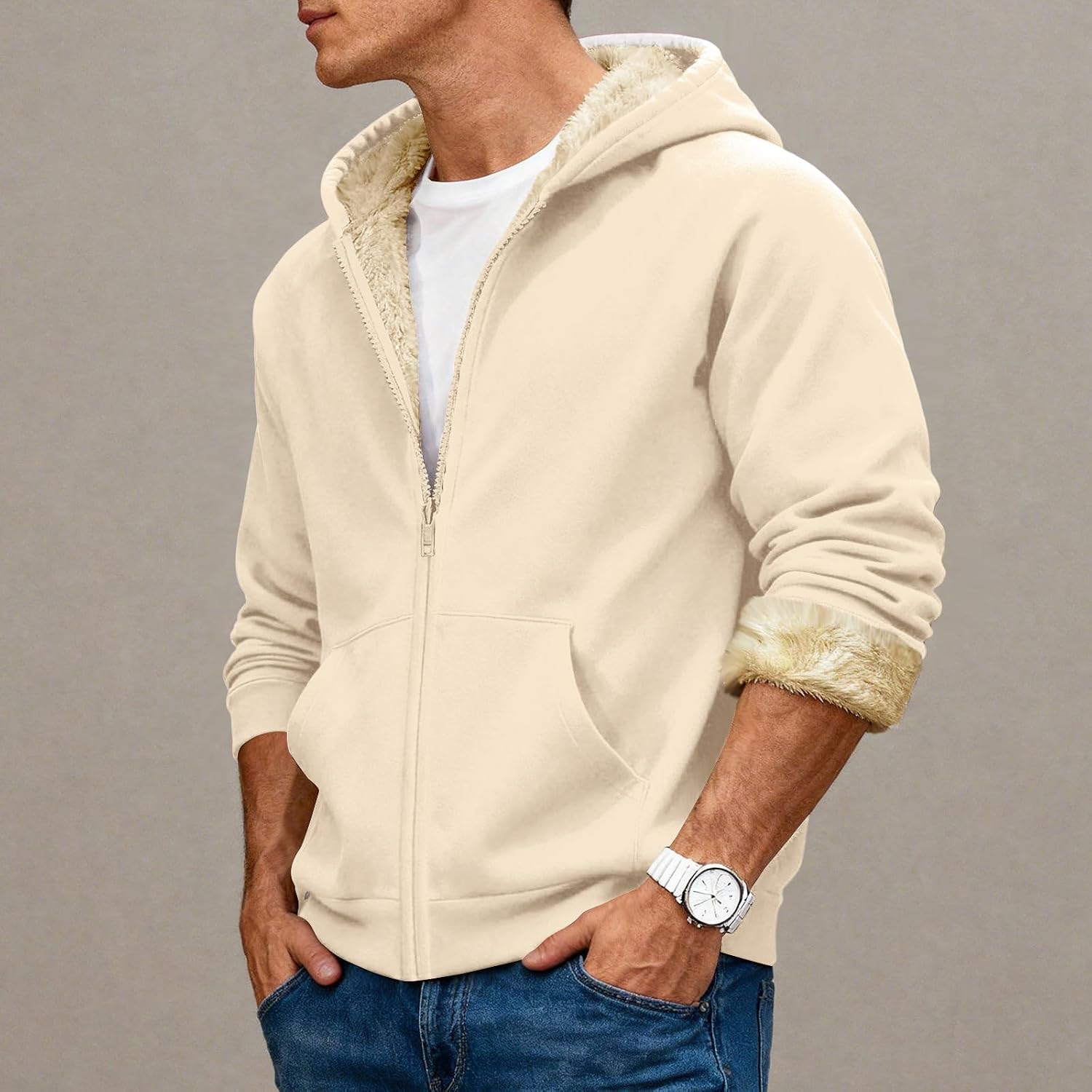 Winter Jacket Men Coats Sweatshirt Lightweight Polyester Big and Tall Long Sleeve Warm Hoodies Thermal Fleece Mens Cloth Beige M