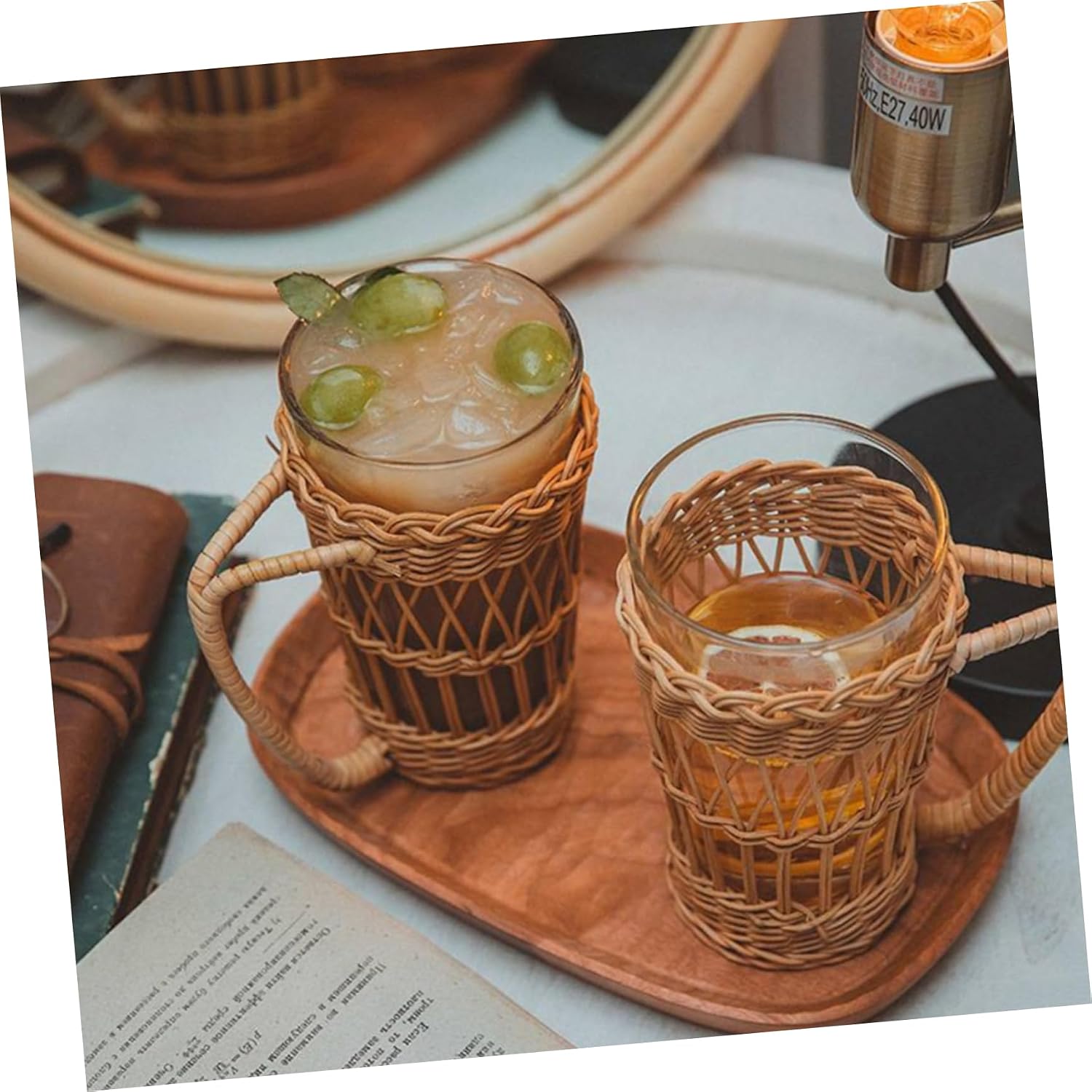 KICHOUSE Glass Water Cup Rattan Woven Handle Heat Resistant Cold Resistant Multi-functional Beverage Glass