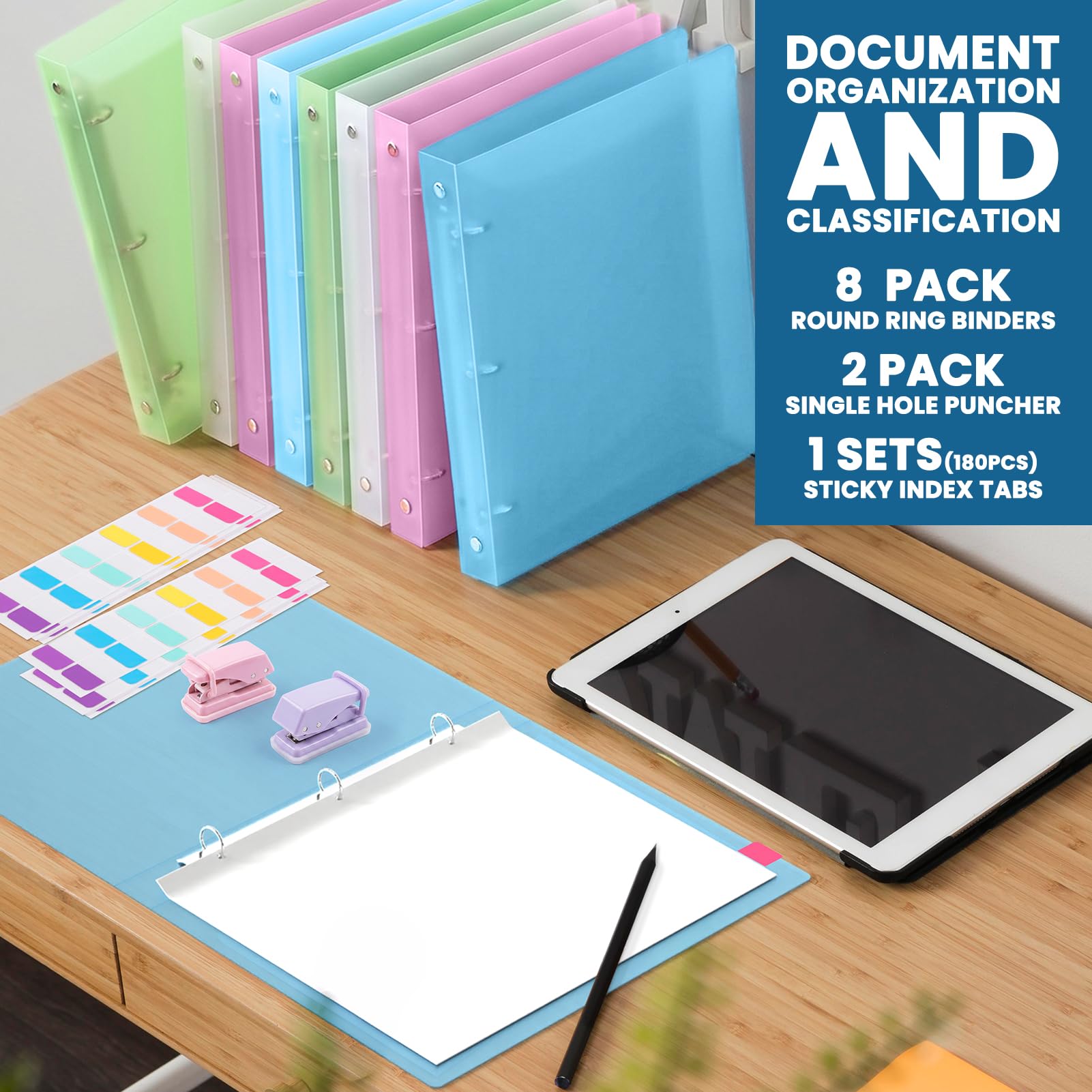 Raccoglitori da 2,5 cm, 3 anelli, confezione da 8, con 2 perforatori a foro singolo e 120 linguette adesive per indice, rosa, bianco, verde, blu, da 21,6 cm x 27 cm, forniture scolastiche per