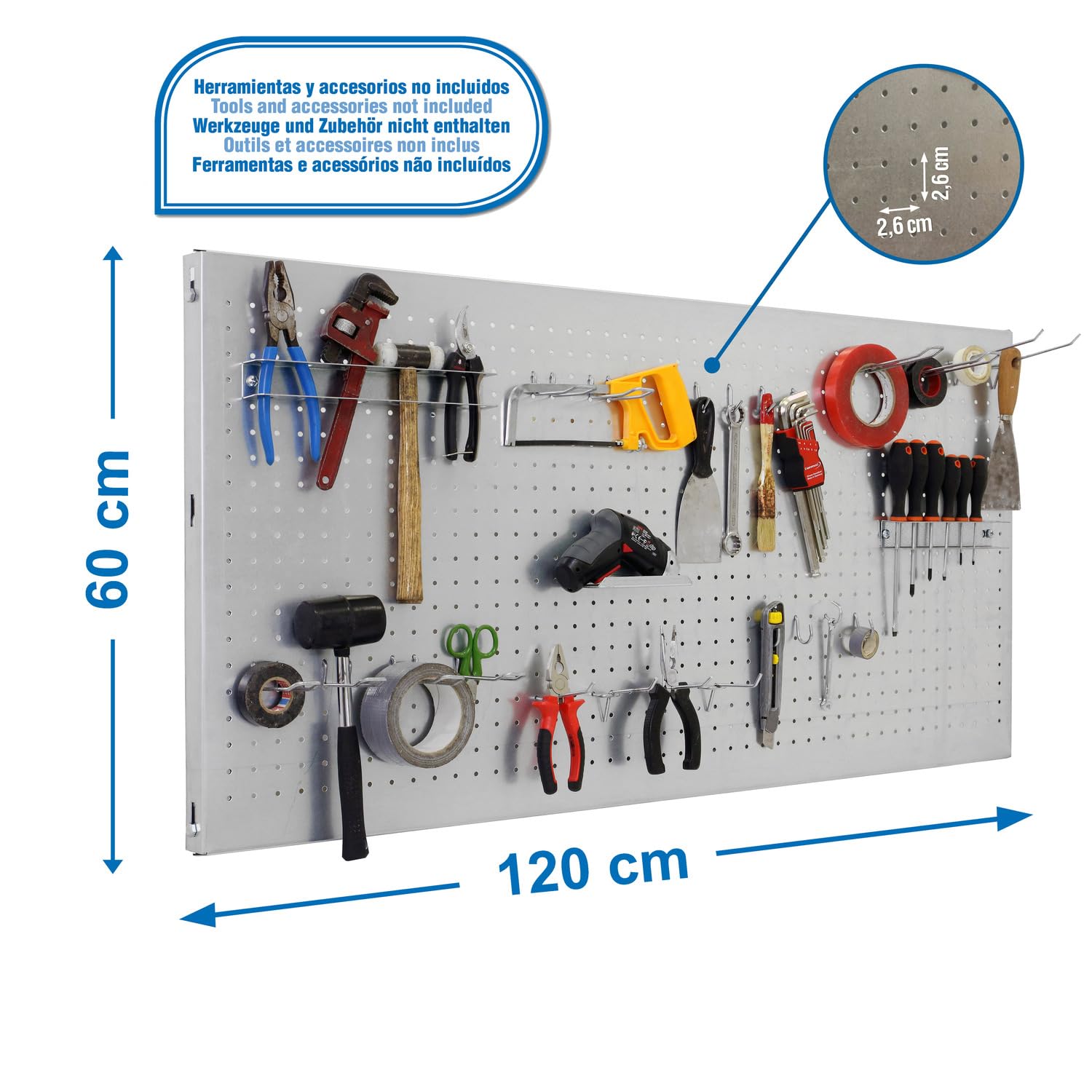 Simon Rack Pannello Portautensili in Metallo, Pannelli per attrezzi, Include 22 Ganci e 3 Mensole, 1200x600 mm, Zincato - Simonwork