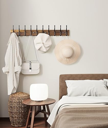 Miniatura 6 de Perchero de 32.3 pulgadas para montaje en pared, perchero con 10 ganchos de metal resistentes y madera real marrón, paquete de 2 percheros para