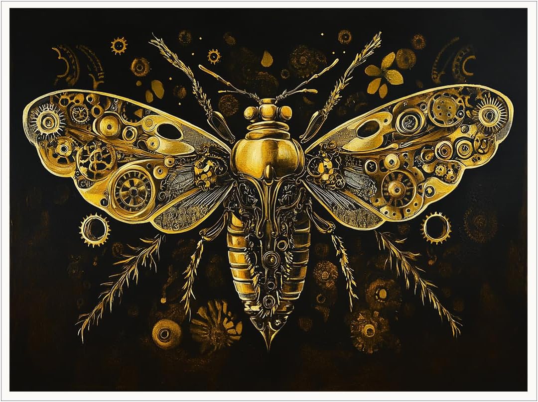 Steampunk Moth Canvas Wall Art Intricate Mechanical Illustration with Gears and Cogs Symmetrical Gold and Bronze Design for Office Lounge Industrial Decor Posters 24x36in Unframed